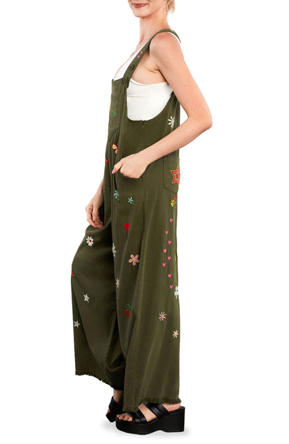 Oooh La La Embroidered Wide Leg Denim Overalls Call Me Petty