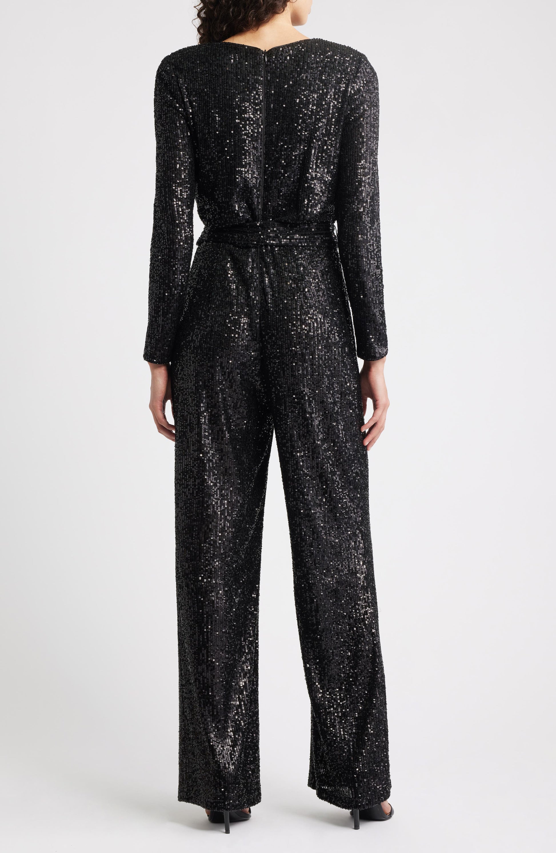 Draped Neck Long Sleeve Sequin Jumpsuit Call Me Petty