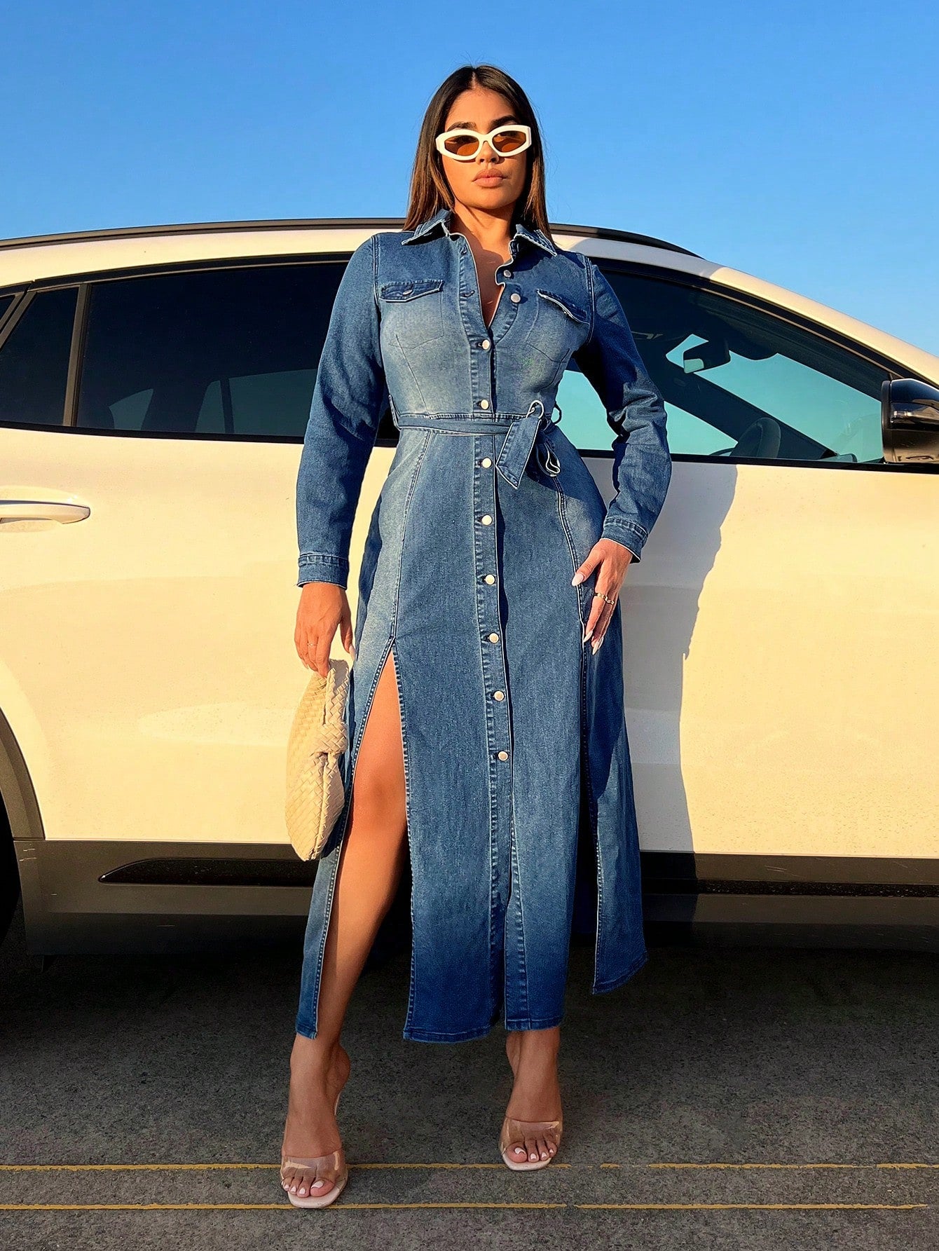 Flap Pocket Split Thigh Belted Denim Dress Dark Wash Call Me Petty