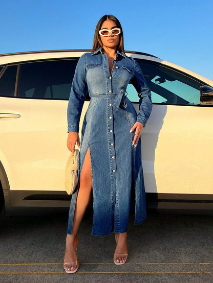 Flap Pocket Split Thigh Belted Denim Dress Dark Wash Call Me Petty