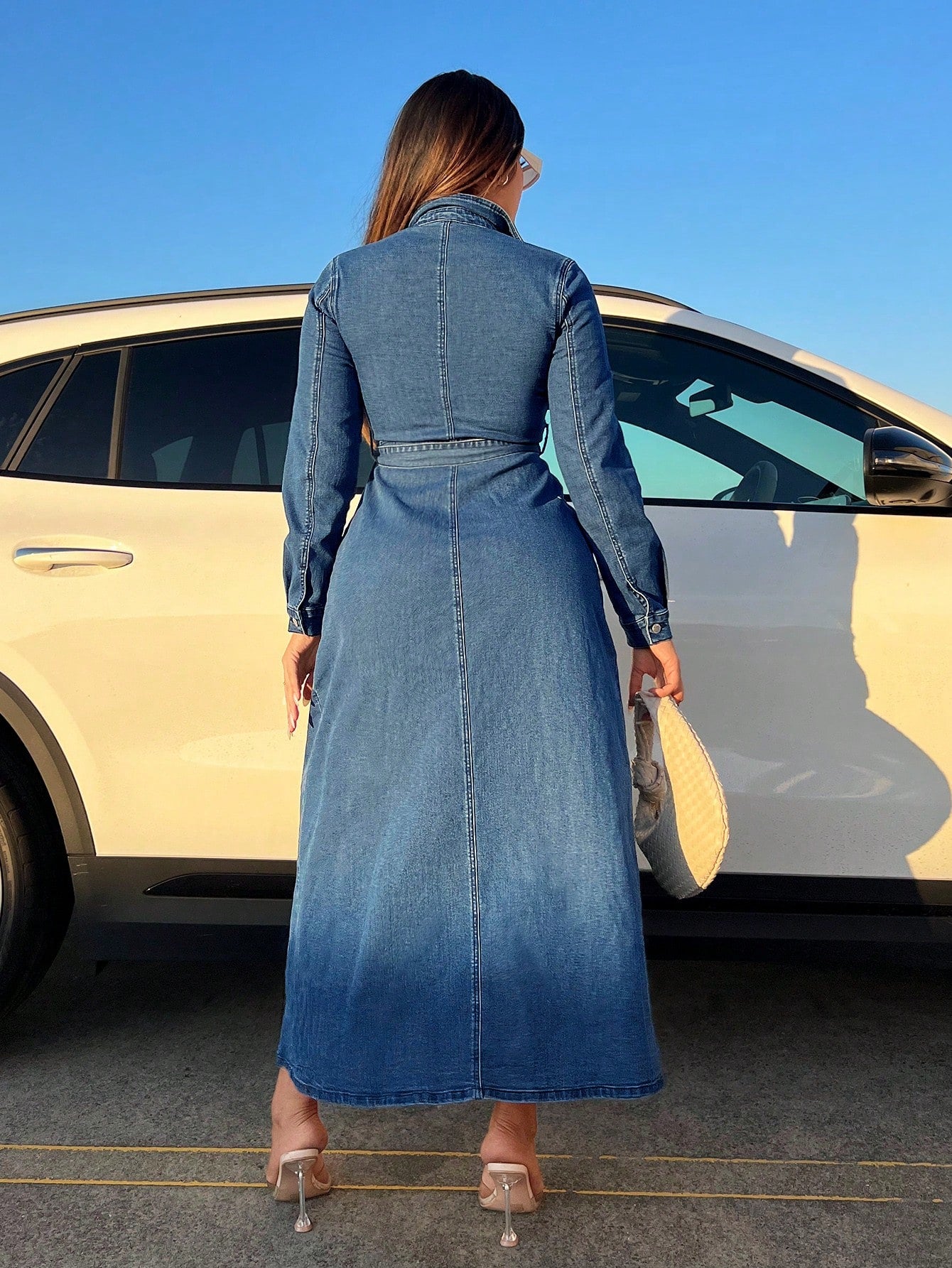 Flap Pocket Split Thigh Belted Denim Dress Call Me Petty