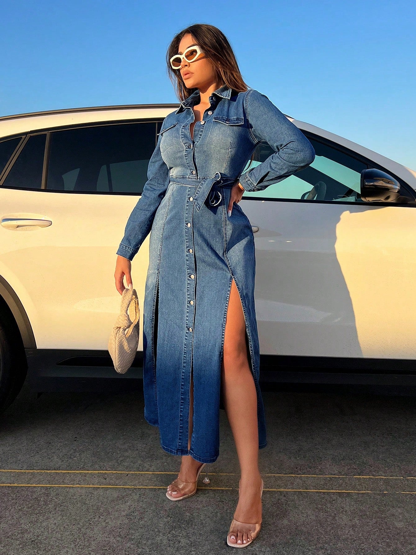 Flap Pocket Split Thigh Belted Denim Dress Call Me Petty