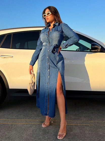 Flap Pocket Split Thigh Belted Denim Dress Call Me Petty
