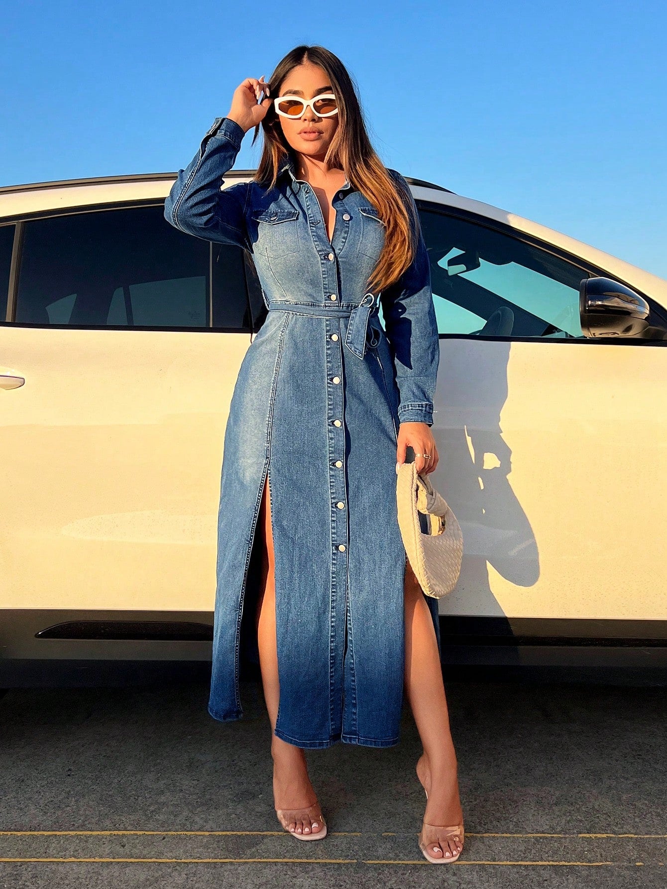 Flap Pocket Split Thigh Belted Denim Dress Call Me Petty