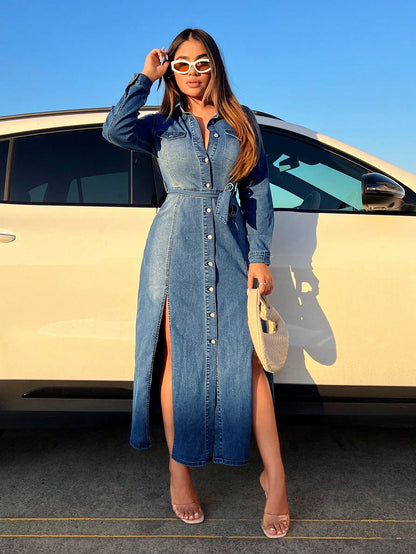 Flap Pocket Split Thigh Belted Denim Dress Call Me Petty