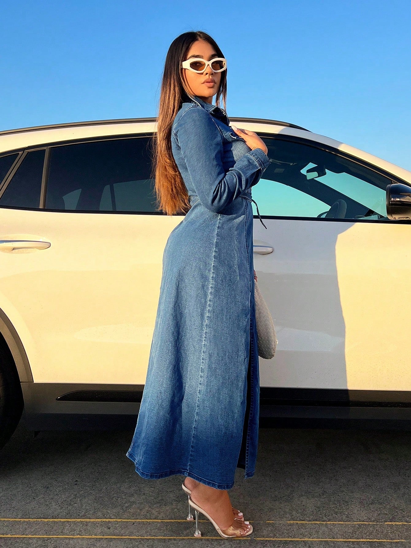 Flap Pocket Split Thigh Belted Denim Dress Call Me Petty