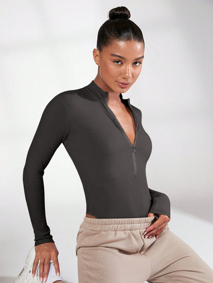 Solid Zip Up Slim Fit Bodysuit Call Me Petty