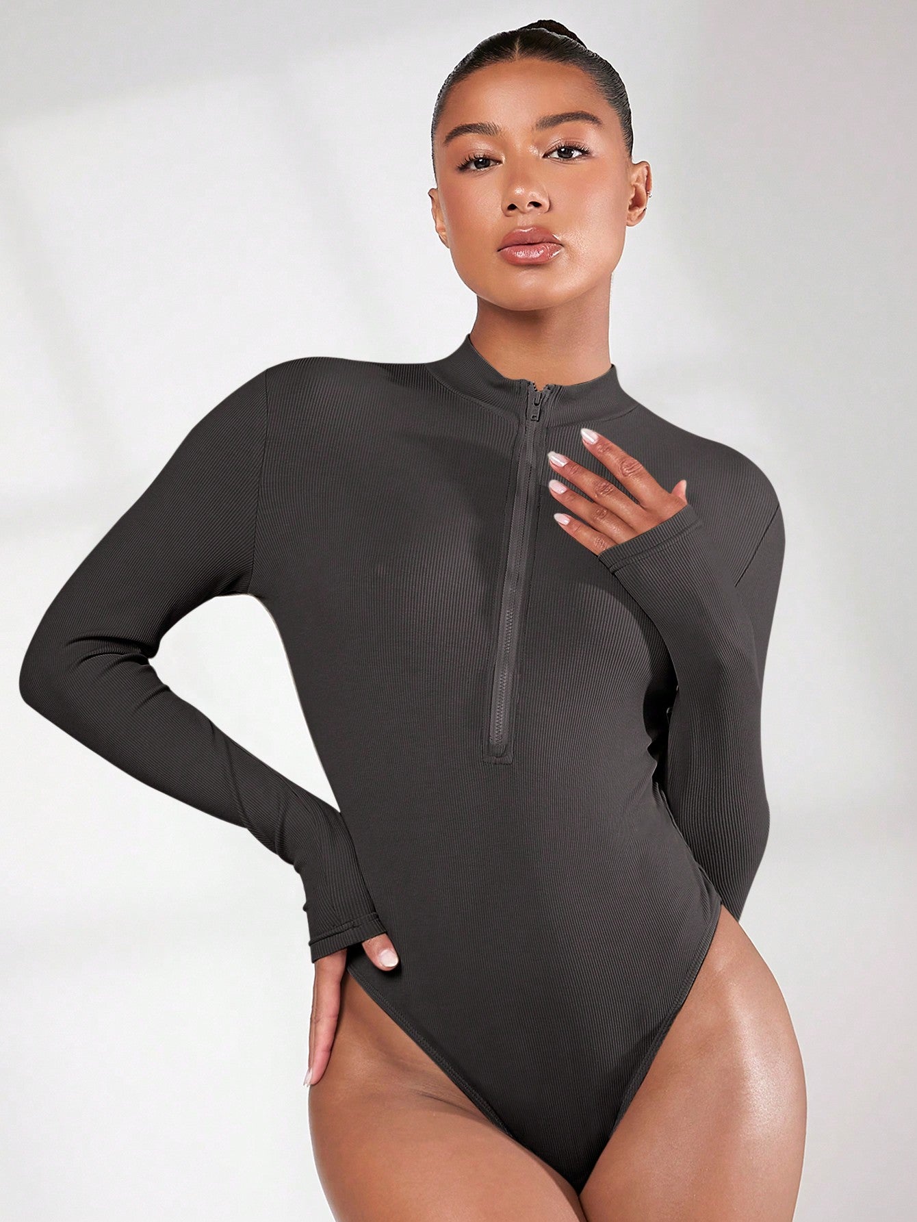 Solid Zip Up Slim Fit Bodysuit Call Me Petty