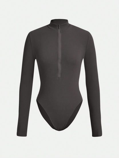 Solid Zip Up Slim Fit Bodysuit Call Me Petty