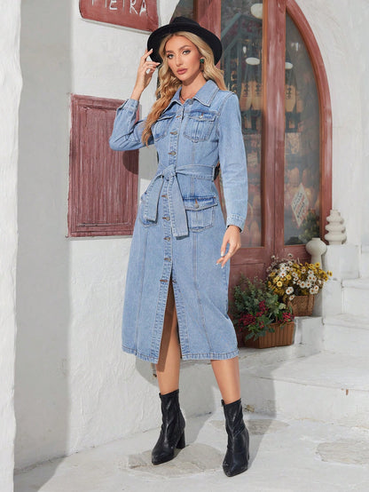 Collared Denim Dress With Single Breasted Front And Belt Decoration Call Me Petty