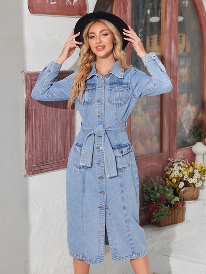 Collared Denim Dress With Single Breasted Front And Belt Decoration Call Me Petty