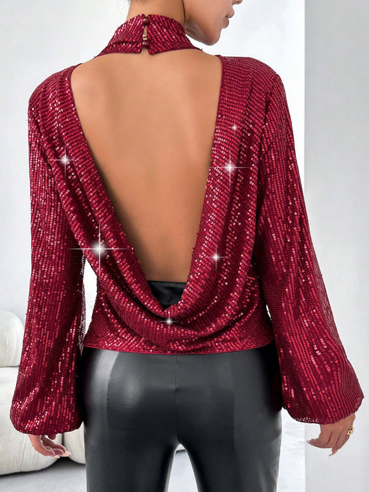 Sequin Stand Collar Open Back Blouse Black Call Me Petty