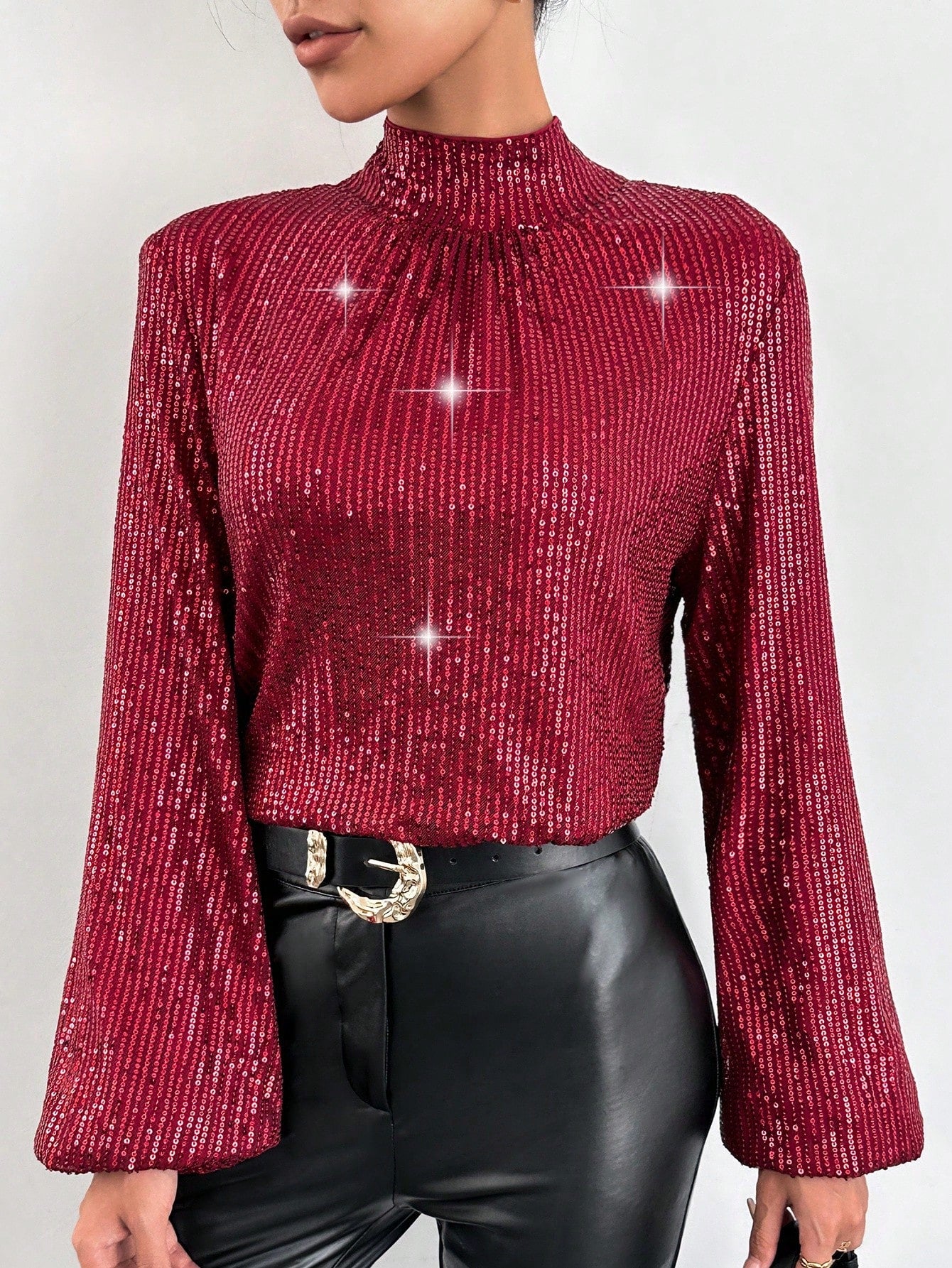 Sequin Stand Collar Open Back Blouse Call Me Petty