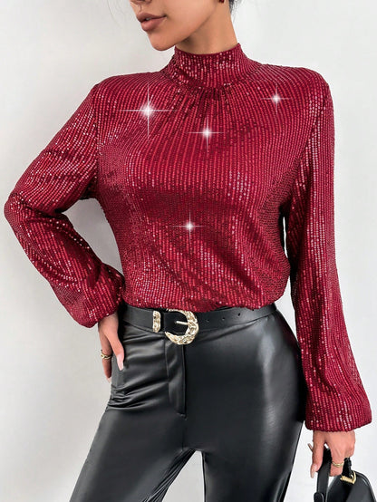 Sequin Stand Collar Open Back Blouse Call Me Petty