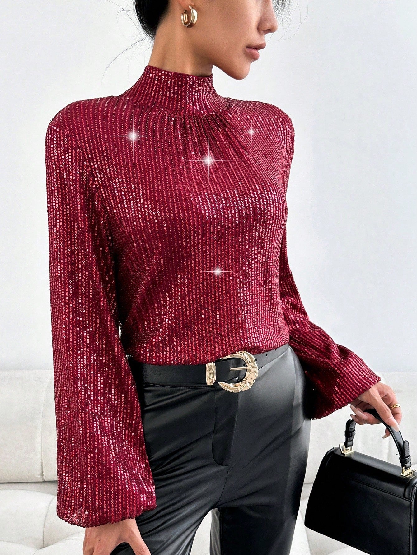 Sequin Stand Collar Open Back Blouse Call Me Petty