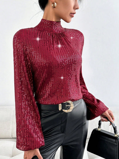 Sequin Stand Collar Open Back Blouse Call Me Petty