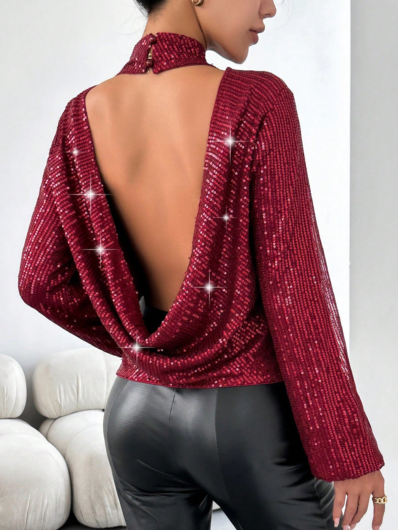 Sequin Stand Collar Open Back Blouse Call Me Petty