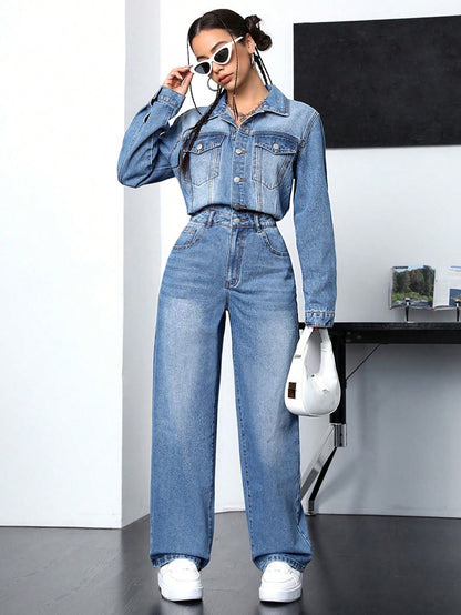 Long Sleeve Denim Shirt Jumpsuit Medium Wash Call Me Petty