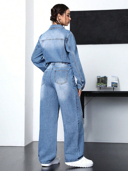 Long Sleeve Denim Shirt Jumpsuit Call Me Petty