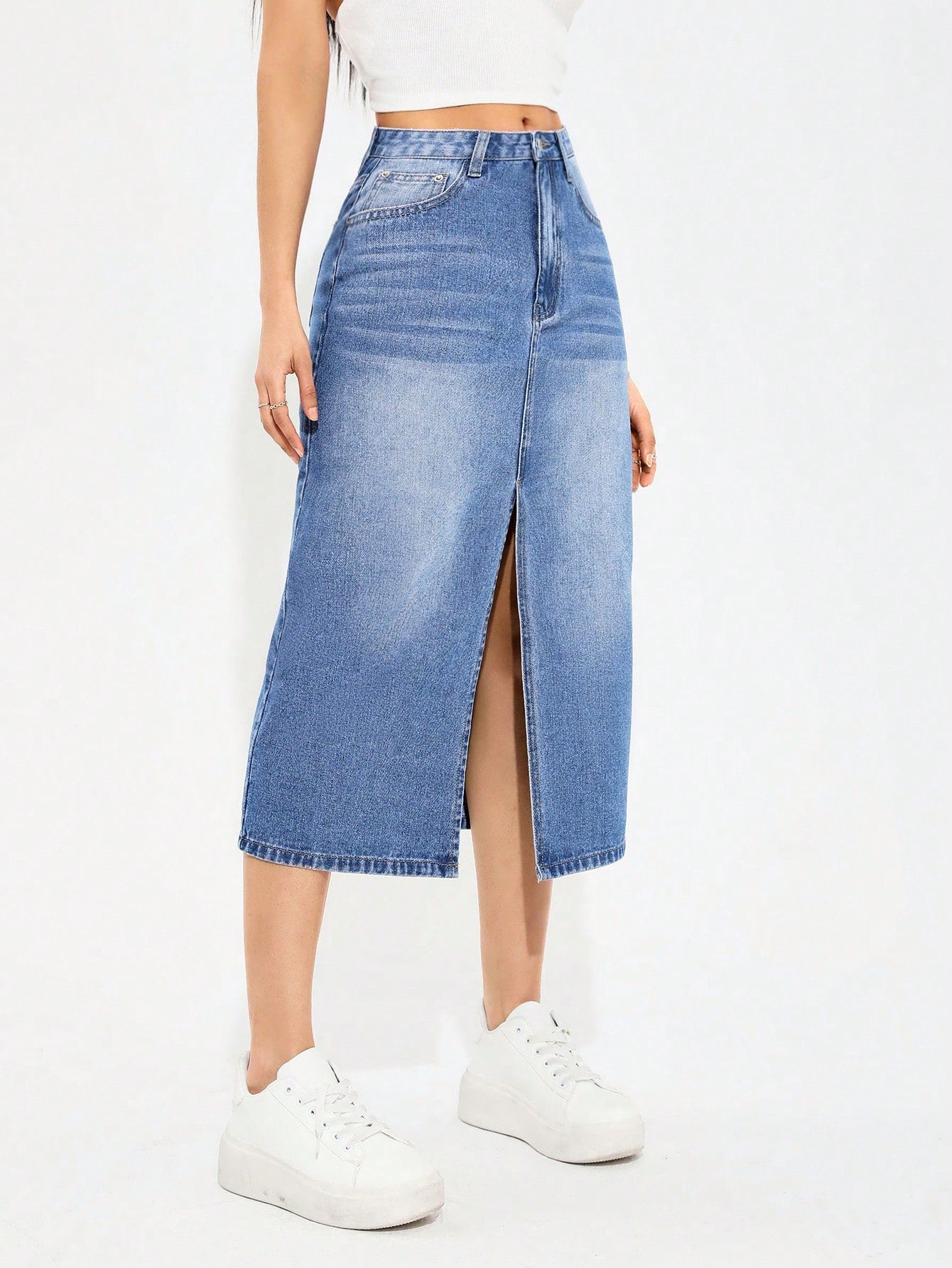 Women's Denim High Slit Asymmetrical Hem Skirt Dark Wash Call Me Petty
