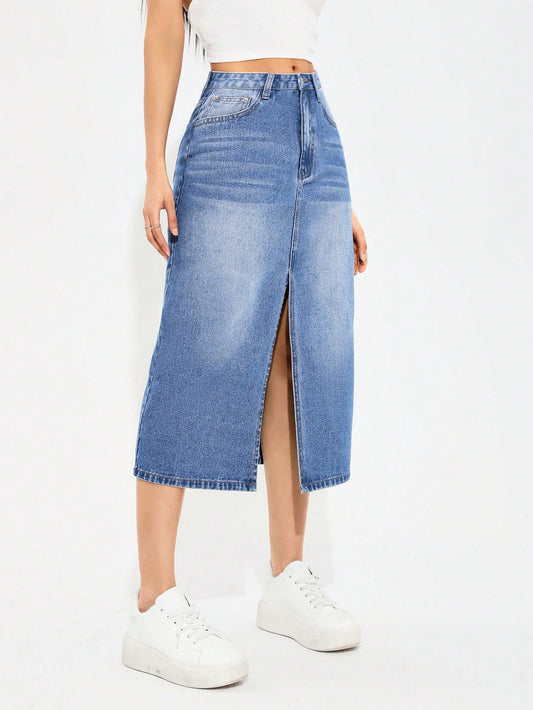 Women's Denim High Slit Asymmetrical Hem Skirt Dark Wash Call Me Petty
