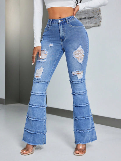 Women Frayed Hem Flared Jeans With Distressed Details Call Me Petty