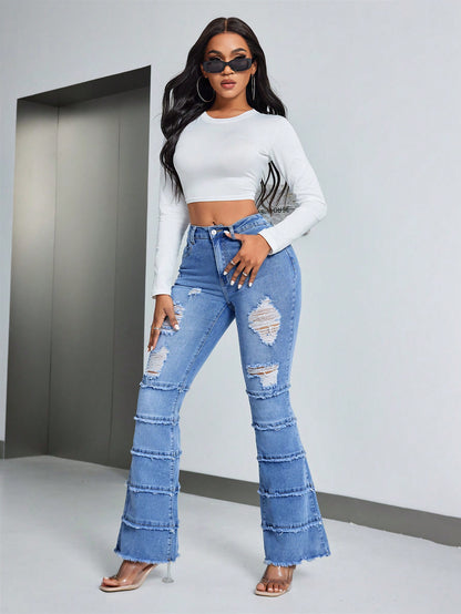 Women Frayed Hem Flared Jeans With Distressed Details Call Me Petty