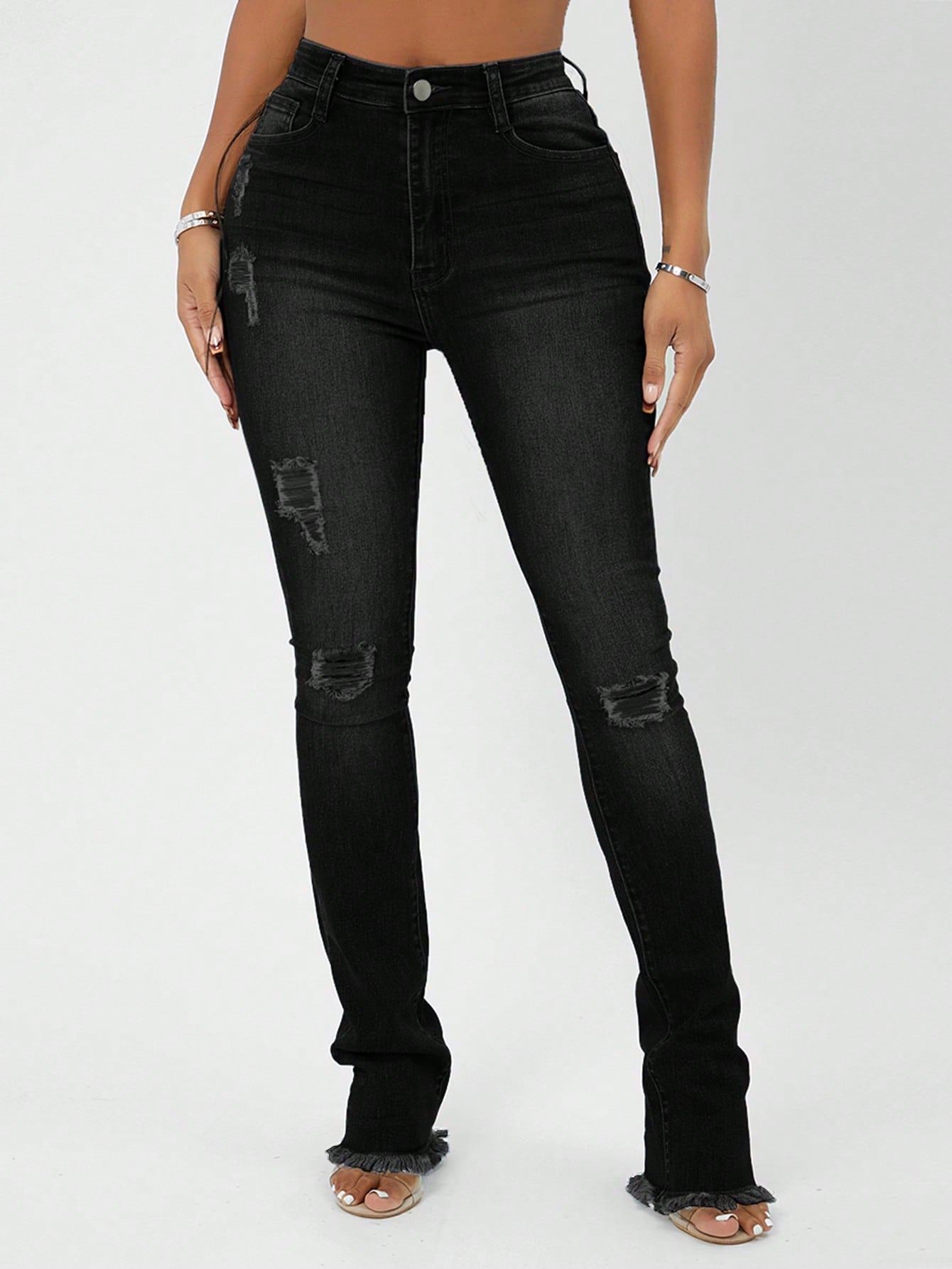 High Waist Ripped Raw Hem Skinny Jeans Black Call Me Petty