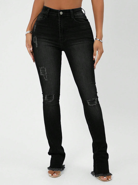 High Waist Ripped Raw Hem Skinny Jeans Black Call Me Petty