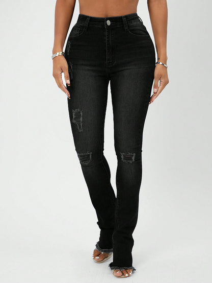 High Waist Ripped Raw Hem Skinny Jeans Call Me Petty