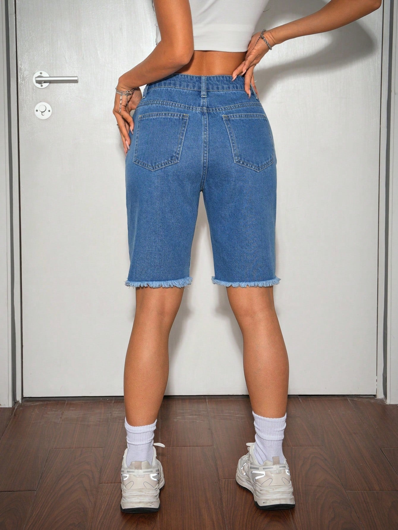 Blue Denim Shorts With Distressed Front Biker Call Me Petty