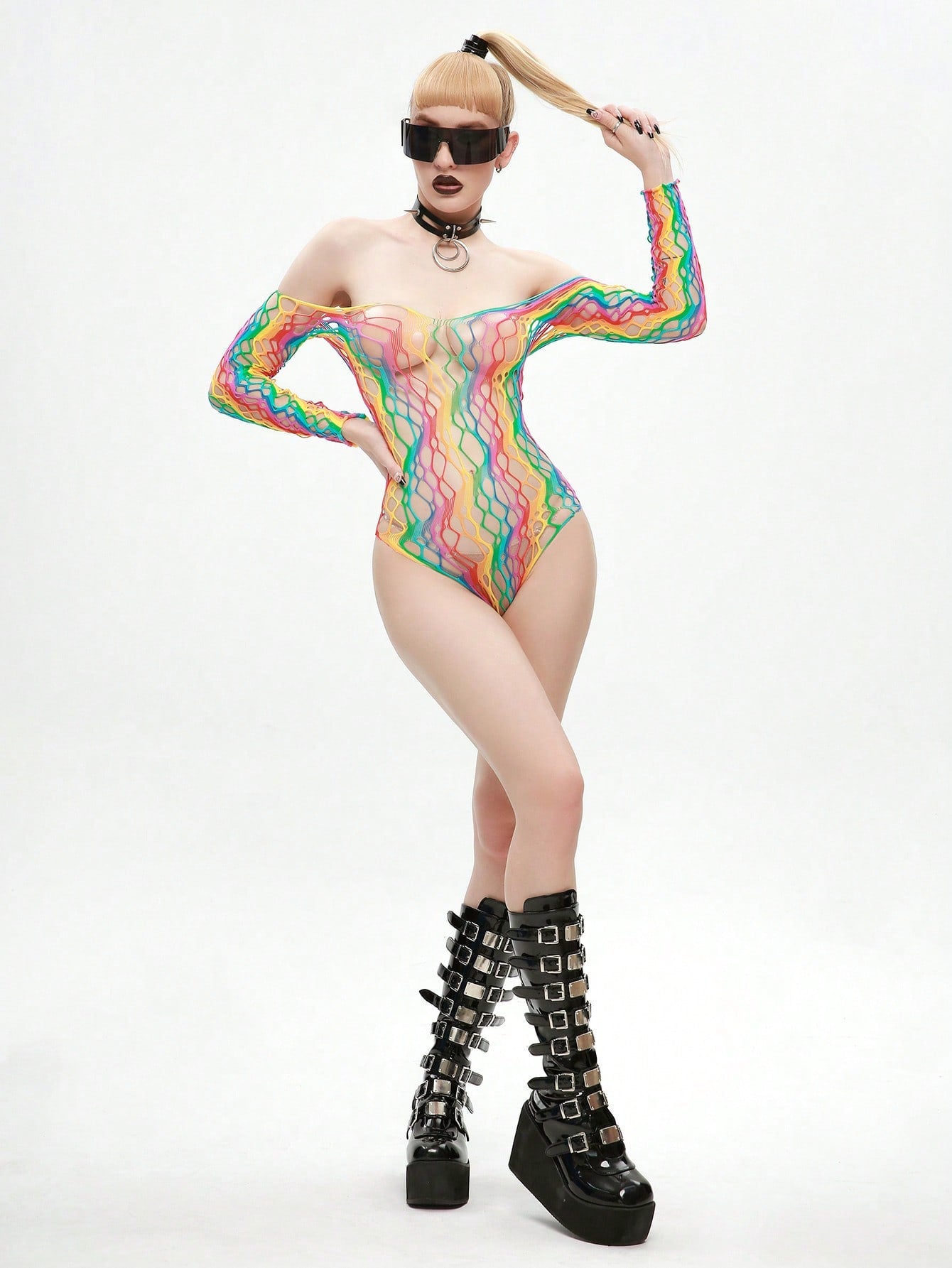 Rainbow Striped Cut Out Mesh Teddy Bodysuit Without Lingerie Call Me Petty