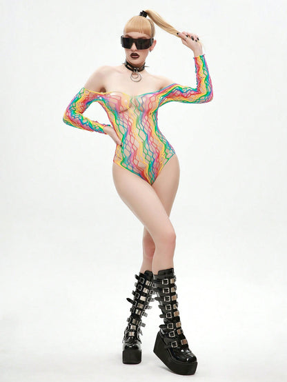 Rainbow Striped Cut Out Mesh Teddy Bodysuit Without Lingerie Call Me Petty