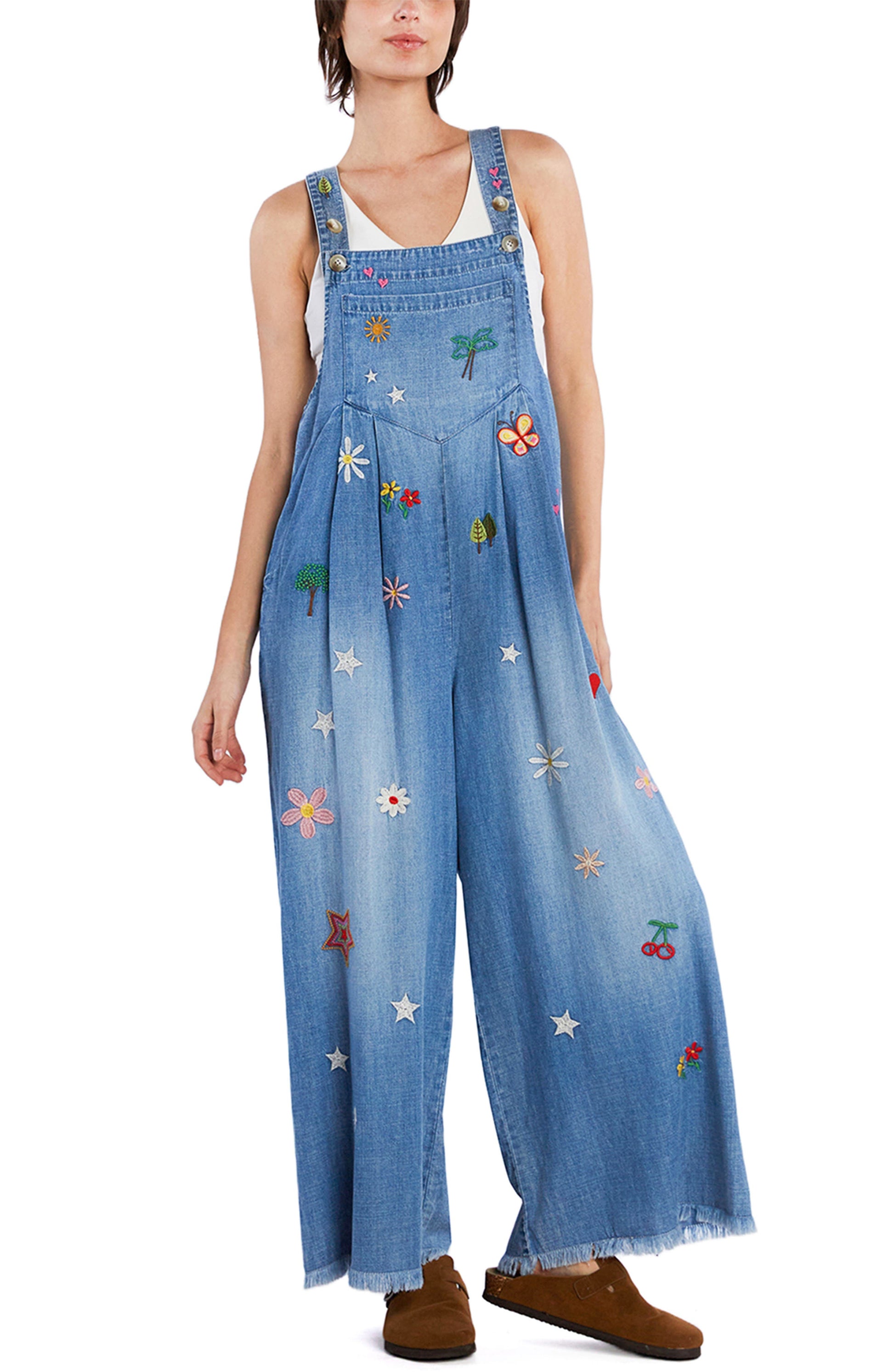 Oooh La La Embroidered Wide Leg Denim Overalls Call Me Petty