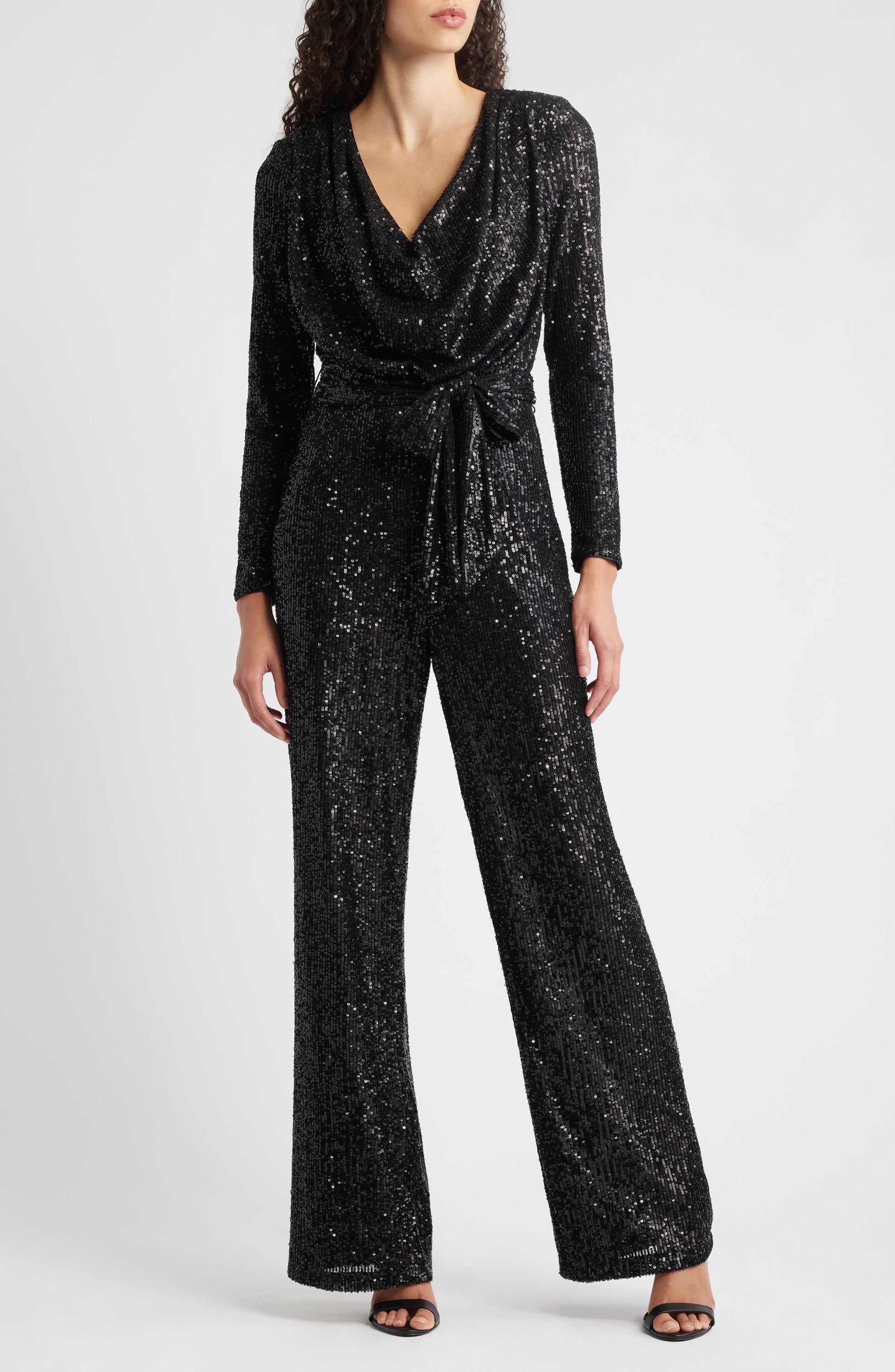 Draped Neck Long Sleeve Sequin Jumpsuit Black Call Me Petty