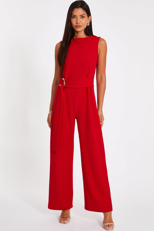 Scuba Crepe Jumpsuit with Gold Buckle Red Call Me Petty