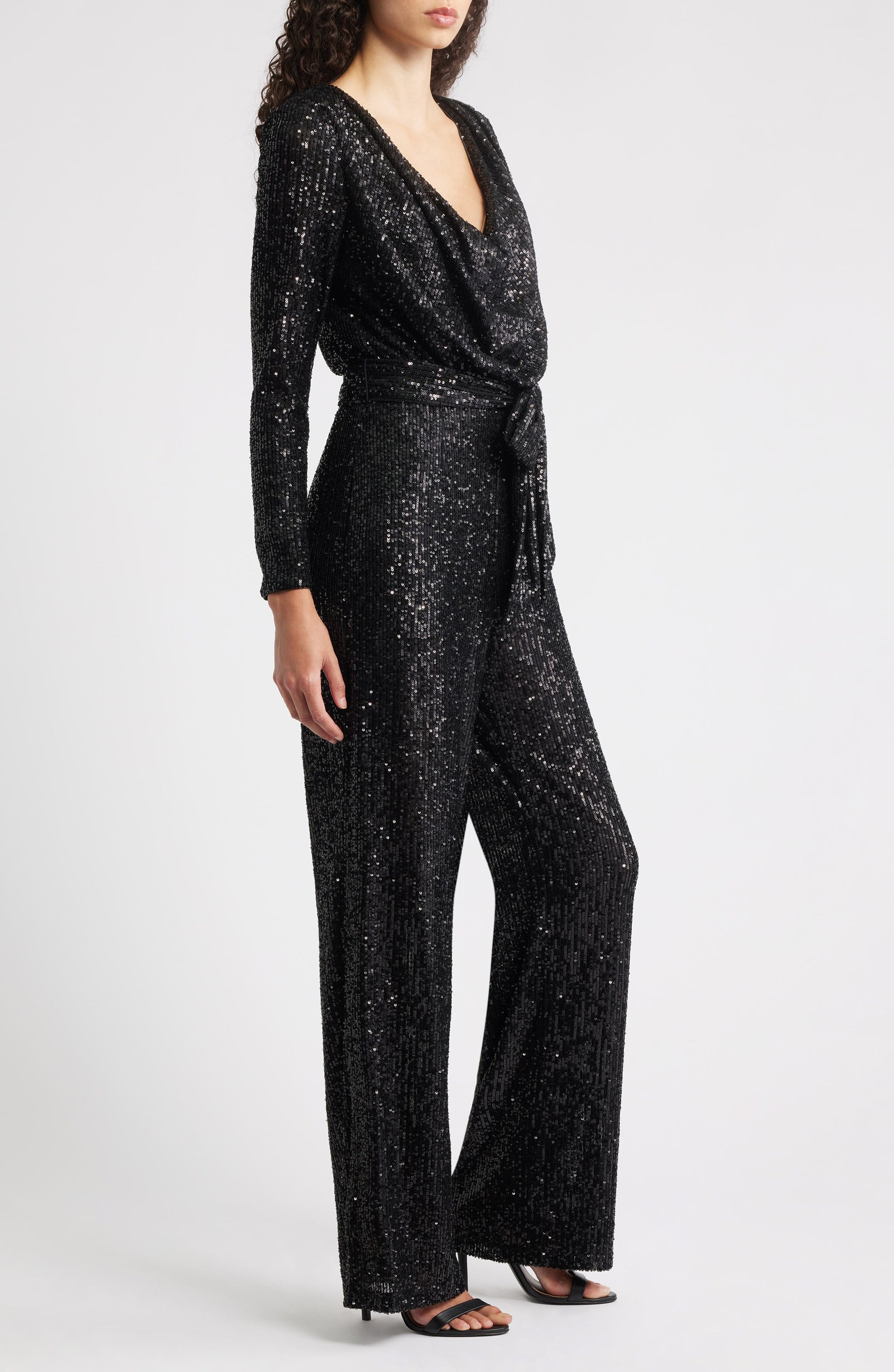 Draped Neck Long Sleeve Sequin Jumpsuit Call Me Petty