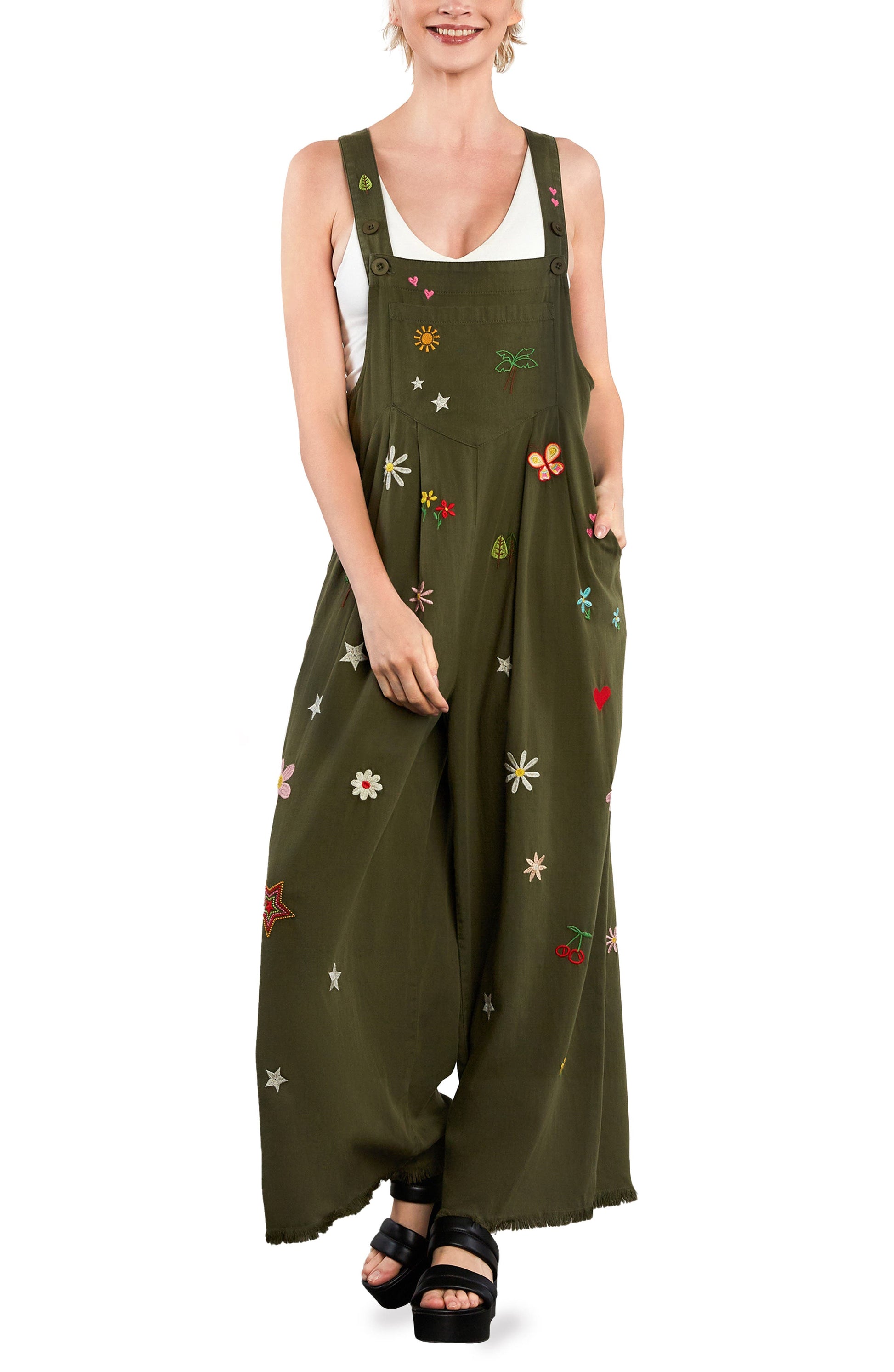 Oooh La La Embroidered Wide Leg Denim Overalls Call Me Petty