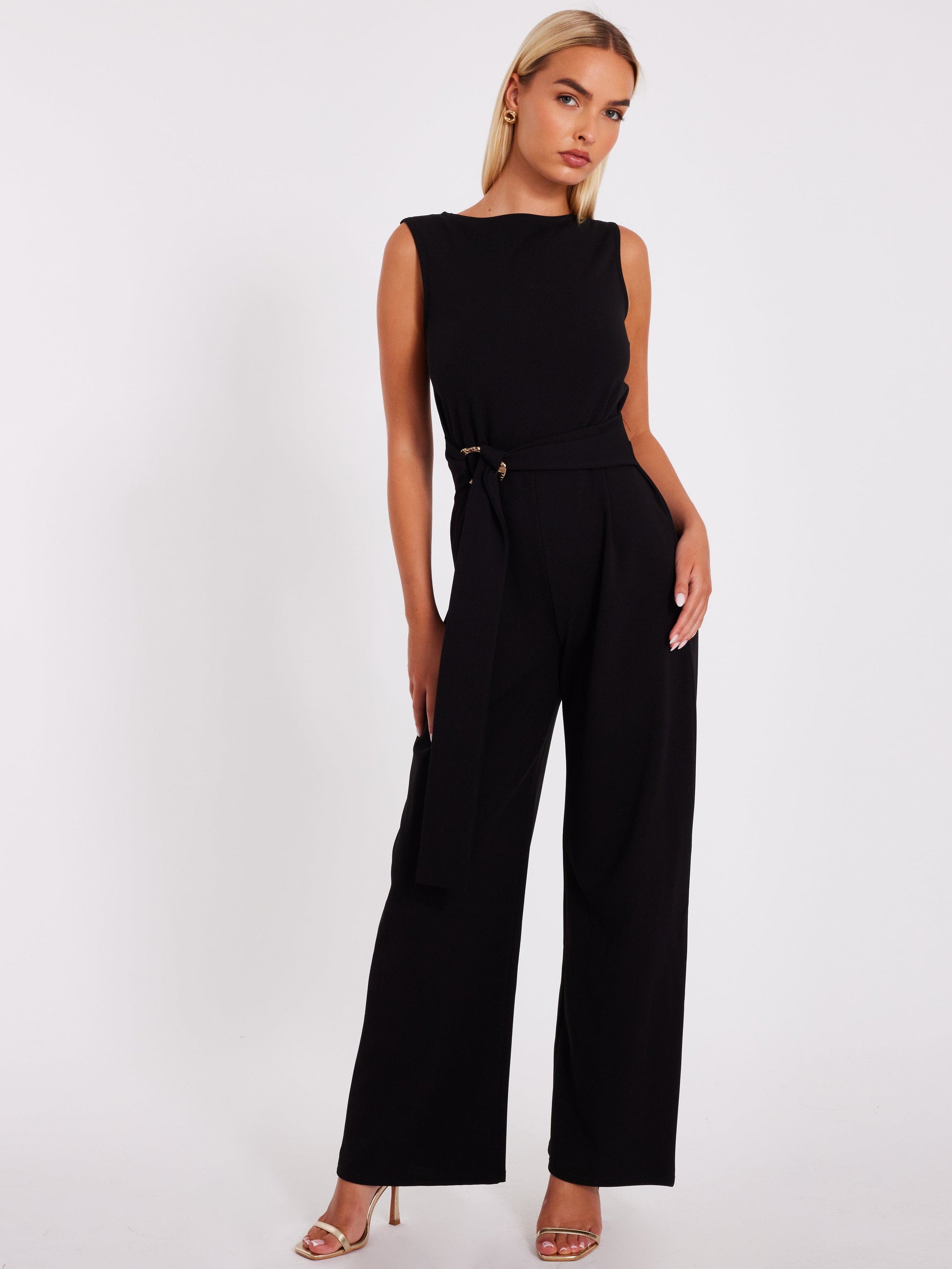 Scuba Crepe Jumpsuit with Gold Buckle Black Call Me Petty
