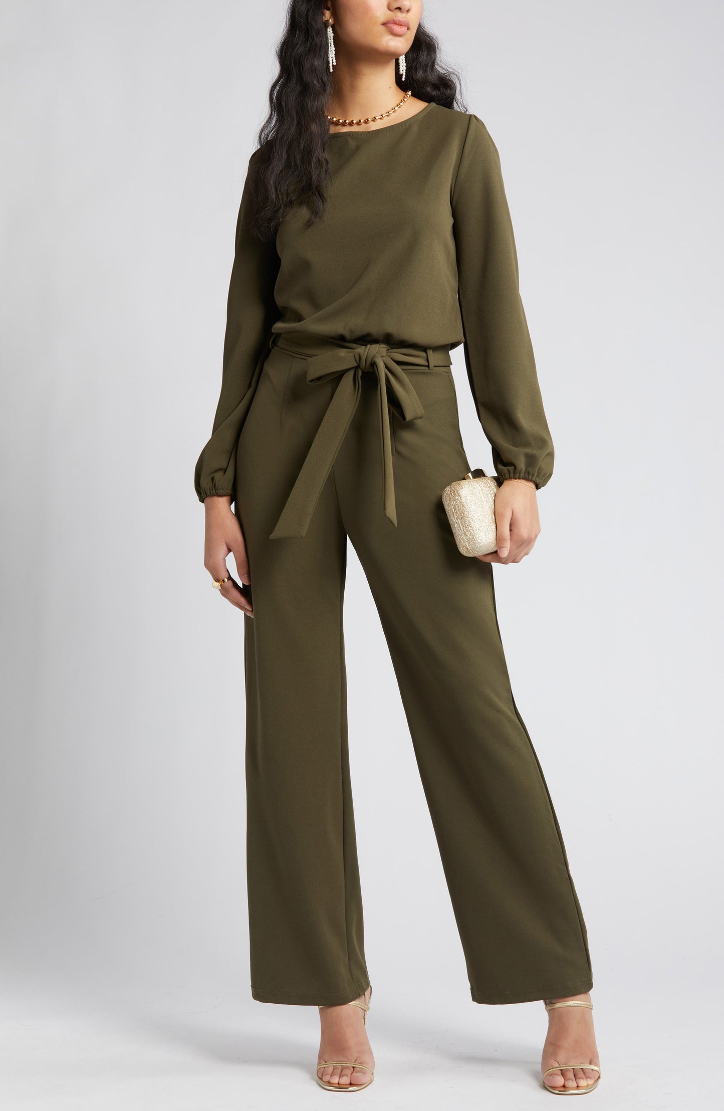 Joy Long Sleeve Tie Waist Jumpsuit Call Me Petty