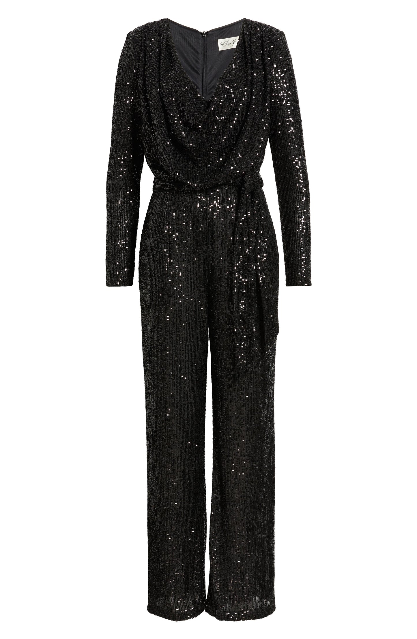 Draped Neck Long Sleeve Sequin Jumpsuit Call Me Petty