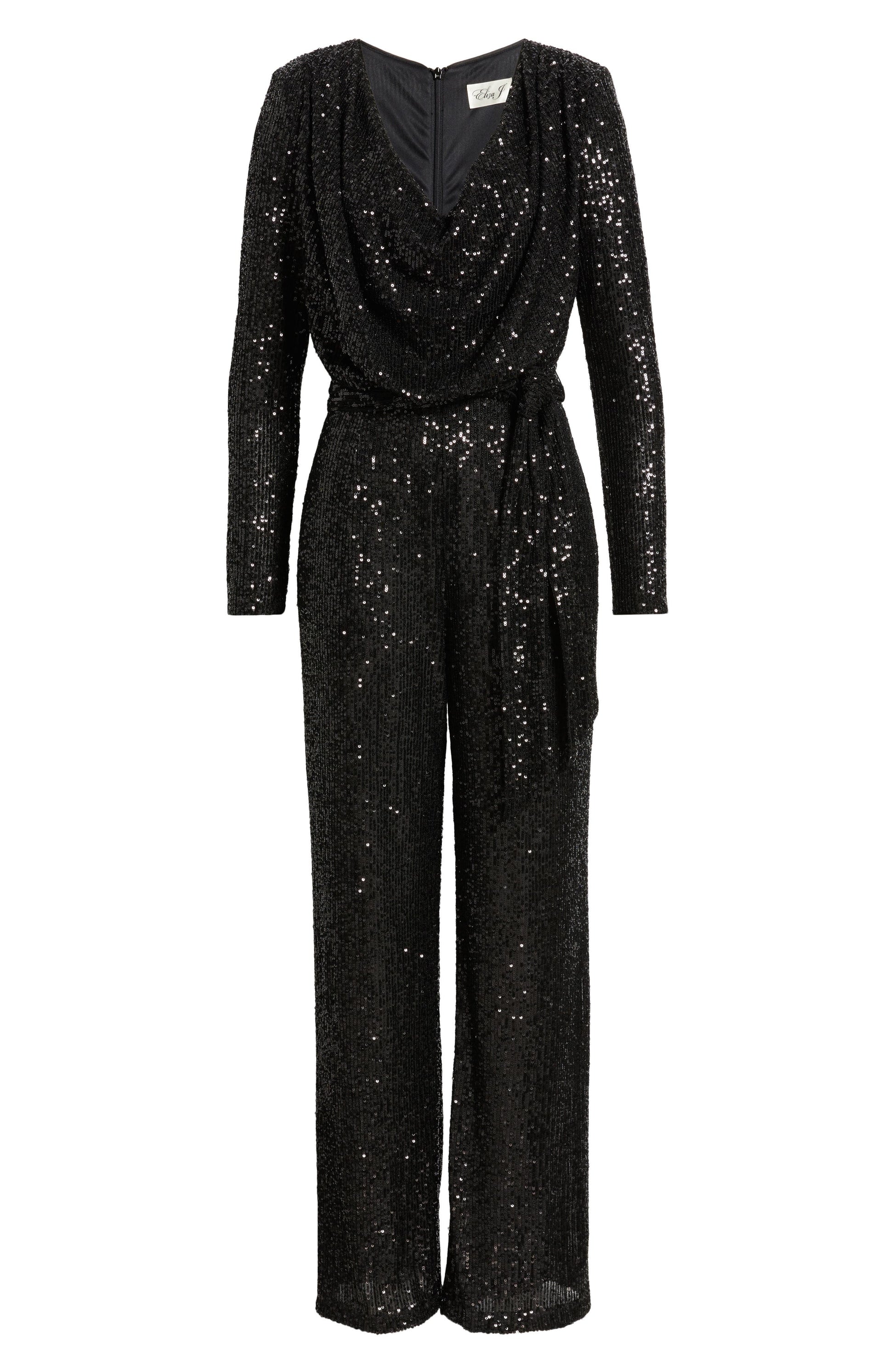 Draped Neck Long Sleeve Sequin Jumpsuit Call Me Petty