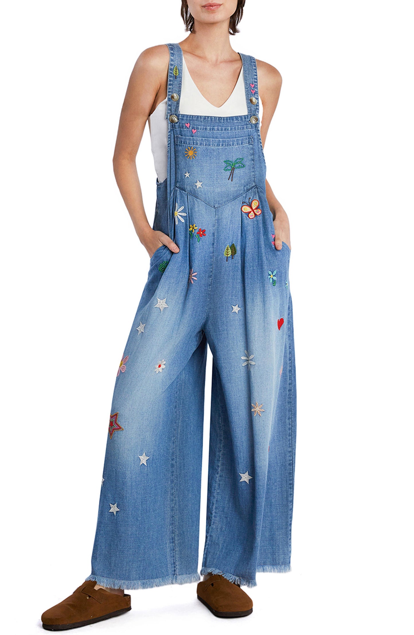 Oooh La La Embroidered Wide Leg Denim Overalls Vinatge Denim Call Me Petty