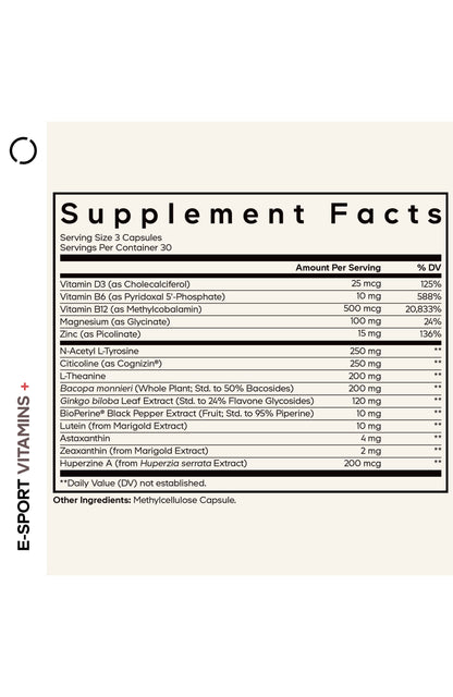 E-Sport Vitamins+ Citicoline Cognizin, Bacopa Monnieri, L-Theanine, Ginkgo, Lutein Call Me Petty