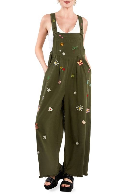 Oooh La La Embroidered Wide Leg Denim Overalls Olive Call Me Petty