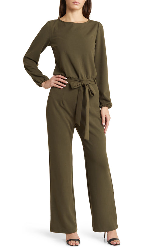 Joy Long Sleeve Tie Waist Jumpsuit Olive Call Me Petty