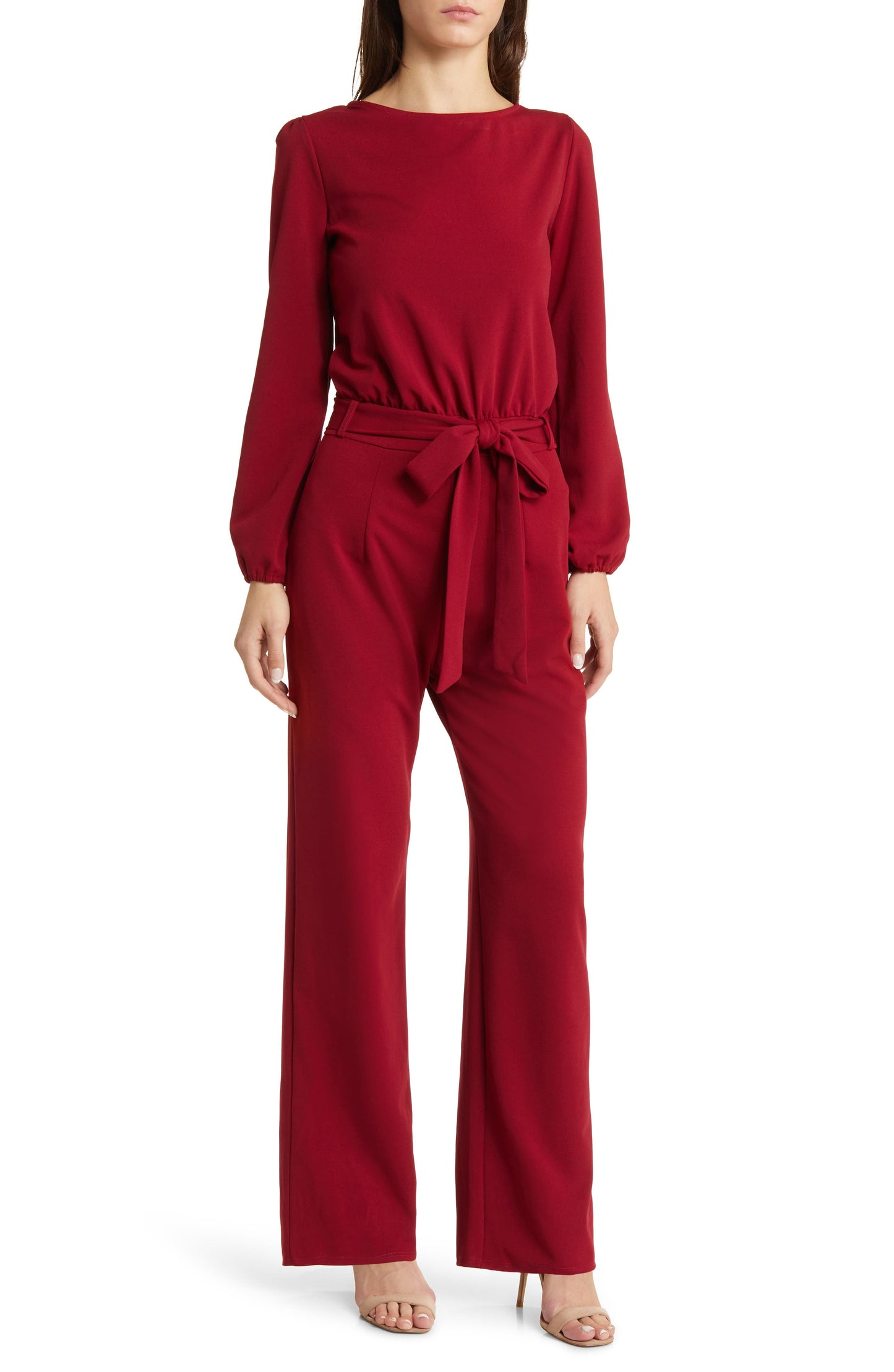 Joy Long Sleeve Tie Waist Jumpsuit Burgundy Call Me Petty