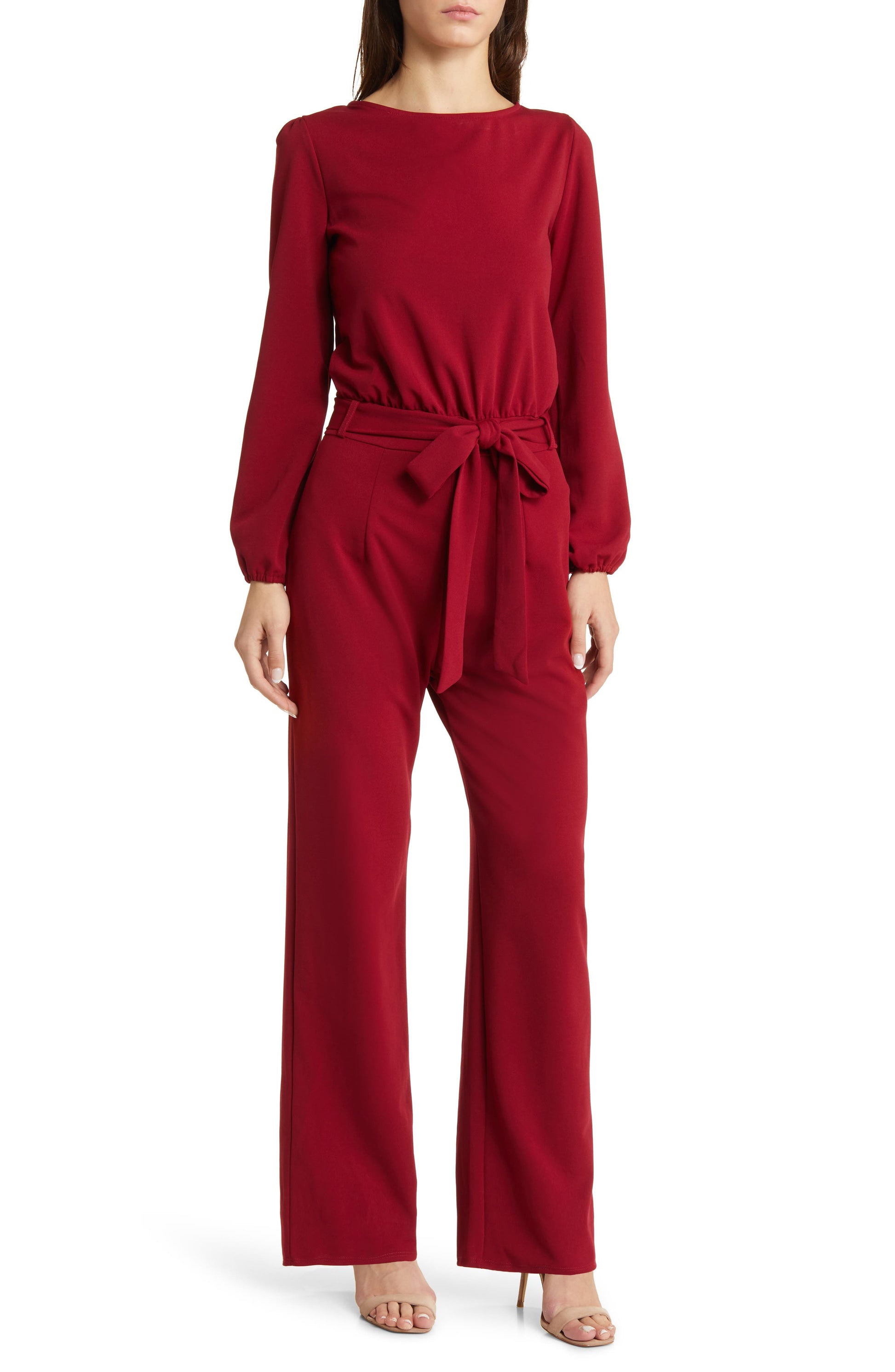 Joy Long Sleeve Tie Waist Jumpsuit Burgundy Call Me Petty